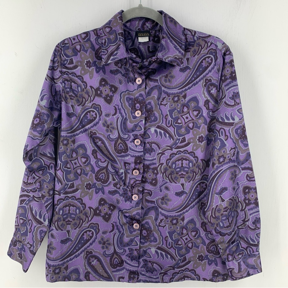 Vtg Salon Studio Top Plum Purple Paisley Cottage Norm Core Boho Western Y2K